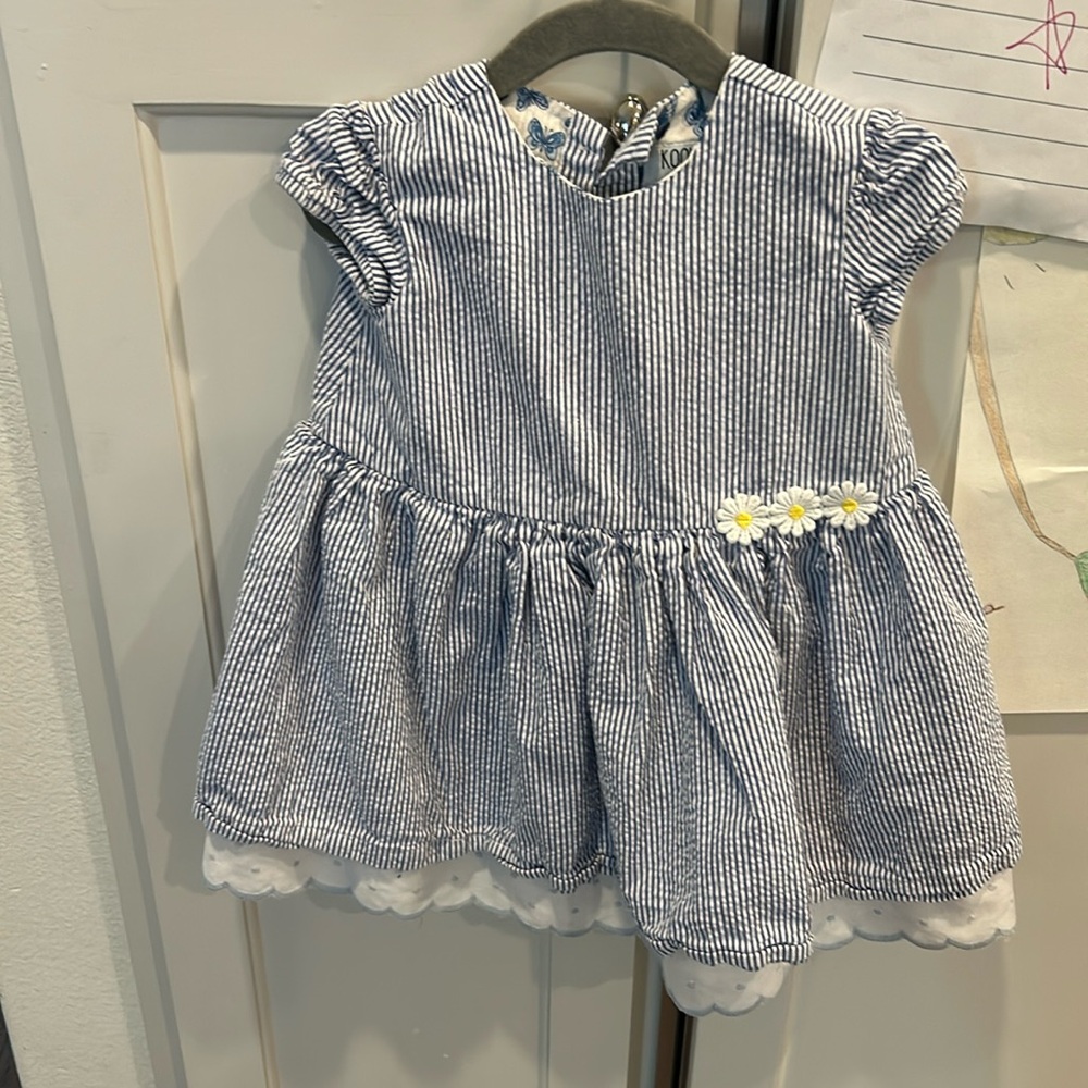 Boutique hand sewn seersucker blue white dress Daisy and polkadot 18-24m